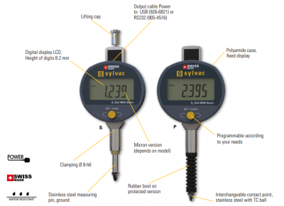 0 - 12.5mm Travel (0.001mm Resolution), IP67 Coolant Proof, Digital Indicator (Plunger) with Bellows,  30-805-4525 Sylvac
