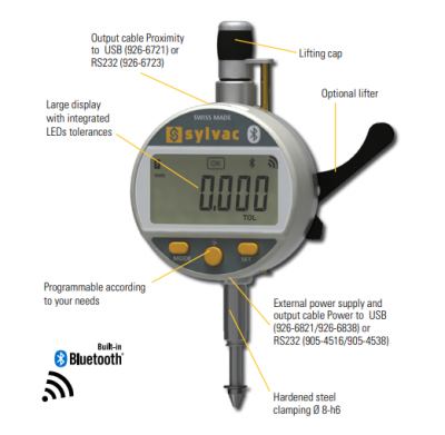 0 - 50mm Travel (0.001mm / 0.00005'' Resolution), IP54 Splash Proof, Digital Indicator (Plunger) with Bluetooth, S_Dial WORK Advanced Smart  30-805-6621 Sylvac