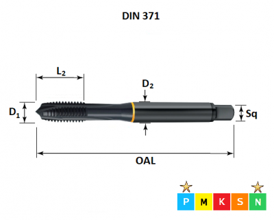 M4 x 0.7 Powertap, Metric Coarse Spiral Point, Steam Tempered Tap DIN371
