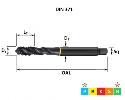 M8 x 1.25 Powertap, Metric Coarse Spiral Flute, Steam Tempered Tap DIN371