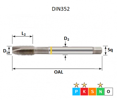 M4 x 0.7 Yellow Ring Metric Coarse Spiral Point Bright Finish Tap DIN352 (Short for Lathes)
