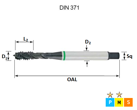 M4.5 x 0.75 Green Ring Metric Coarse 7G High Tolerance Spiral Flute Tap DIN371