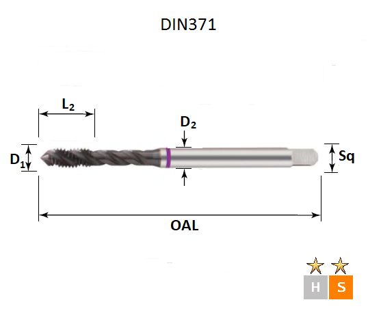 M27 x 3.0 Purple Ring Metric Coarse Spiral Flute TiAlN Coated Tap DIN376