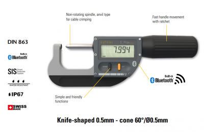 0.0mm - 25.0mm (0.001mm Resolution), IP67 Coolant Proof, Digimatic, Metric, Cable Crimping Micrometer, (Knife & Cone Anvils), Bluetooth, S_Mike PRO Crimp 30-803-0309 Sylvac