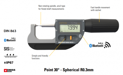 0.0mm - 25.0mm (0.001mm Resolution), IP67 Coolant Proof, Digimatic, Metric, Spherical Point Micrometer, (30Deg Points, Rad 0.3mm), Bluetooth, S_Mike PRO Point  30-803-0310 Sylvac