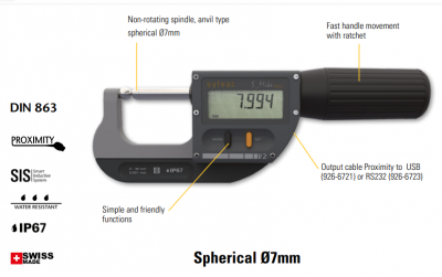 0.0mm - 30.0mm (0.001mm Resolution), IP67 Coolant Proof, Digimatic, Metric, Spherical 7mm Anvils Micrometer,  S_Mike PROSpherical  30-903-0305 Sylvac