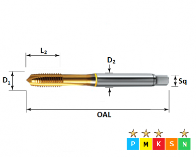 M8 x 1.25 Powertap, Metric Coarse Spiral Point, TiN Coated Tap DIN371