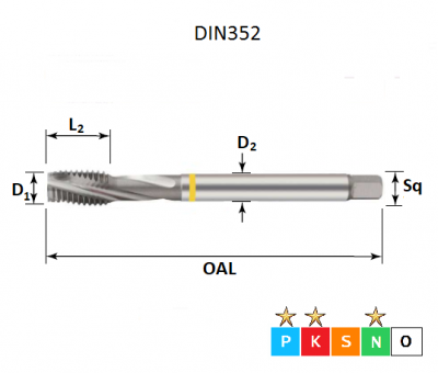 M10 x 1.5 Yellow Ring Metric Coarse Spiral Flute Bright Finish Tap DIN352 (Short for Lathes)