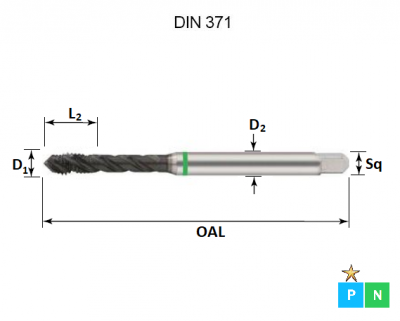 M4 x 0.7 Green Ring Metric Coarse Spiral Flute Tap DIN371