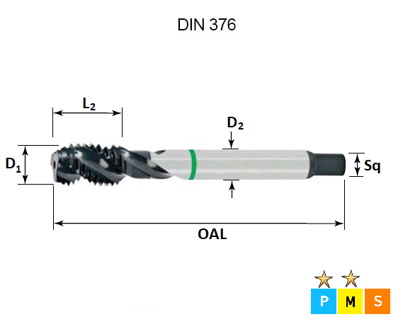 M12 x 1.75 Green Ring Metric Coarse 7G High Tolerance Spiral Flute Tap DIN376