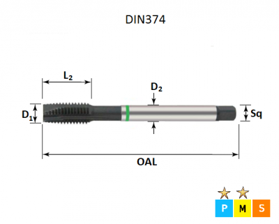 M6 x 0.75 Green Ring Metric Fine Spiral Point Tap DIN374