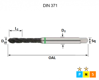 M5 x 0.8 Green Ring Metric Coarse Spiral Flute Hardslick Coated Tap DIN371