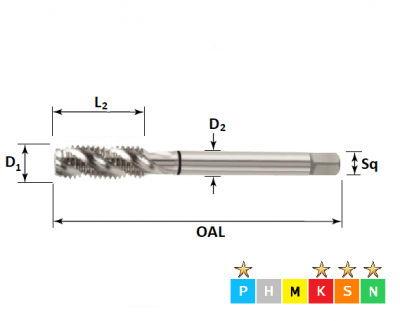 M3 x 0.5 Unimaster Bright, Metric Coarse Spiral Flute, Bright Finish Tap DIN371