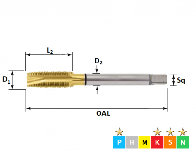 M2 x 0.4 Unimaster Gold, Metric Coarse Spiral Point, TiN Coated Tap DIN371