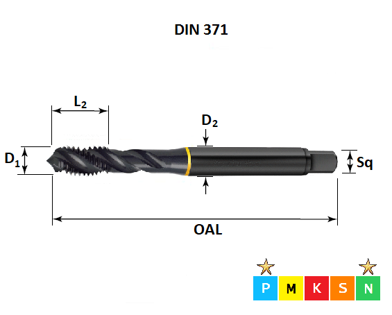 M10 x 1.5 Powertap, Metric Coarse Spiral Flute, Steam Tempered Tap DIN371