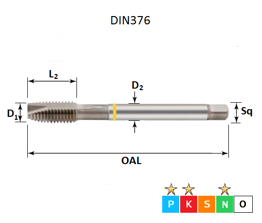 M5 x 0.8 Yellow Ring Metric Coarse Spiral Point Bright Finish Tap DIN376