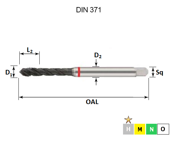 M4 x 0.7 Red Ring Metric Coarse Spiral Flute Tap DIN371 (for Hardest Materials)