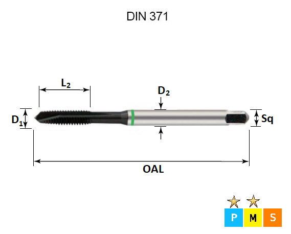 M5 x 0.8 Green Ring Metric Coarse Spiral Point Tap DIN371