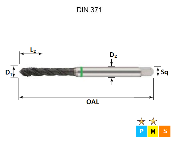 No.10 x 24 Green Ring UNC Spiral Flute Tap DIN371