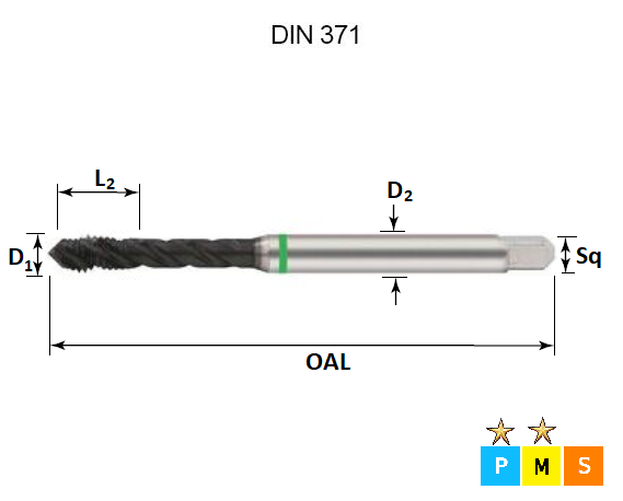 M3 x 0.5 Green Ring Metric Coarse Spiral Flute Hardslick Coated Tap DIN371