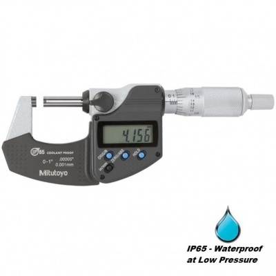 0.0mm - 25.0mm (0.001mm/0.00005'' Resolution), IP65 Coolant Proof, Digimatic External Micrometer with Ratchet Stop (No Output Port)  293-340-30 Mitutoyo